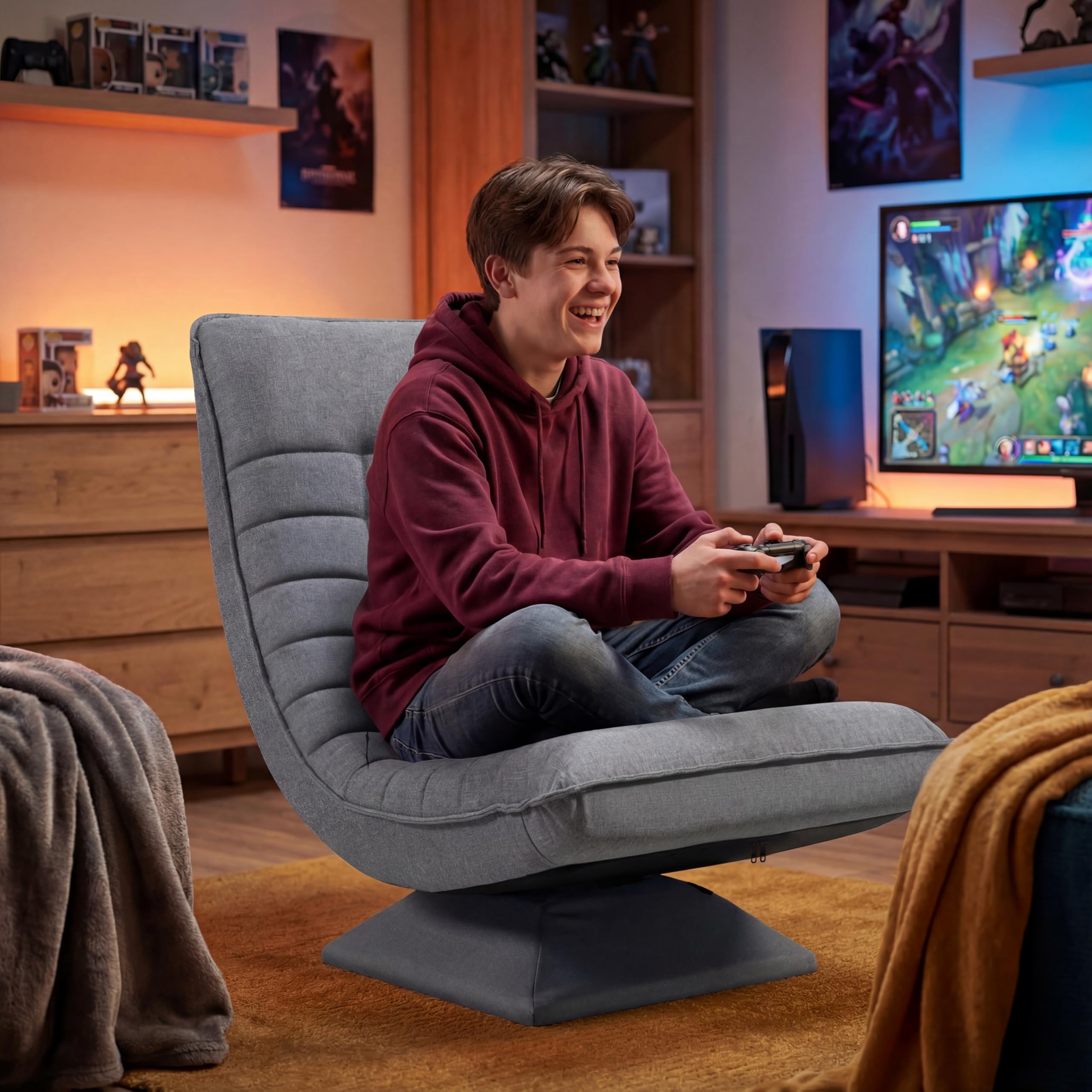 Sessel Wohnzimmer Bodenstuhl 360° Drehbar, Bodensessel mit Verstellbarer Rückenlehne, Bodensofa Klappbar, Lazy Sofa, Gaming Relaxsessel, 60x105x87cm, 150kg Belastbarkeit, Grau