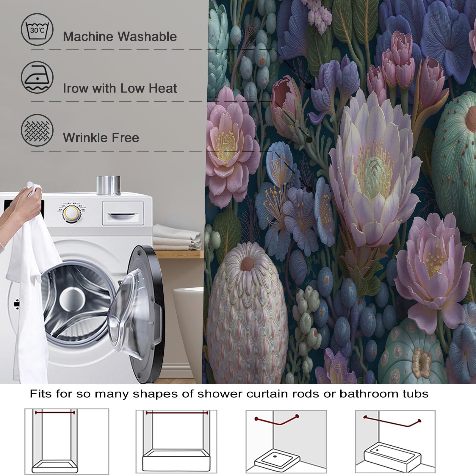 Rideau Douche,Rideau Baignoire Lavable en Machine Rideaux Douche Tissus Lavable Rideau De Baignoire Lavable pour Salle De Bain Domicile Baignoire Famille,Illustrations De Jardin,