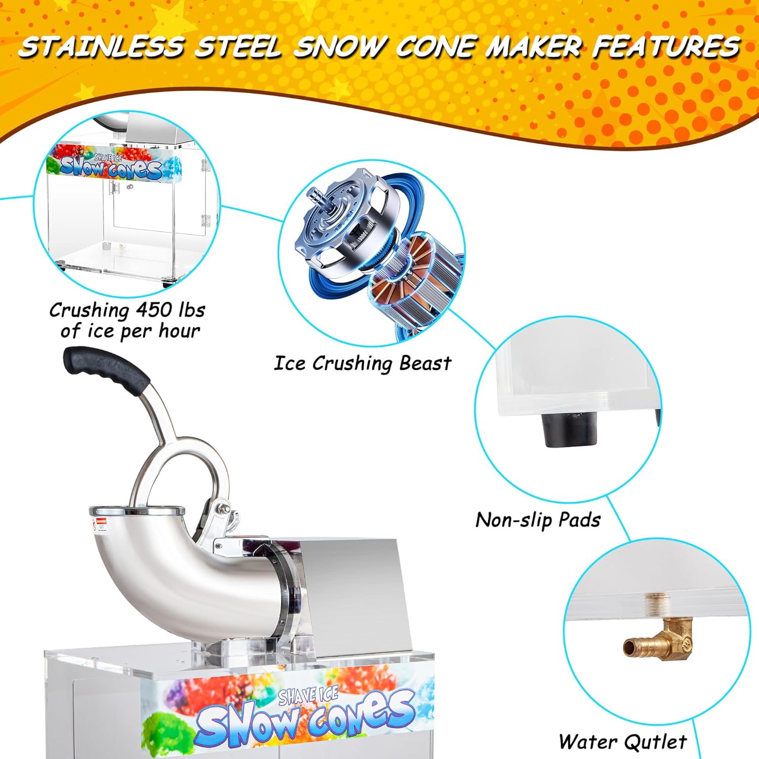 VNN 48L Snow Cone Machine, 500LB/H Commercial Shaved Ice Machine, 300W Electric Ice Shaver Machine, Suitable for Party Activities, Family Gatherings, Events
