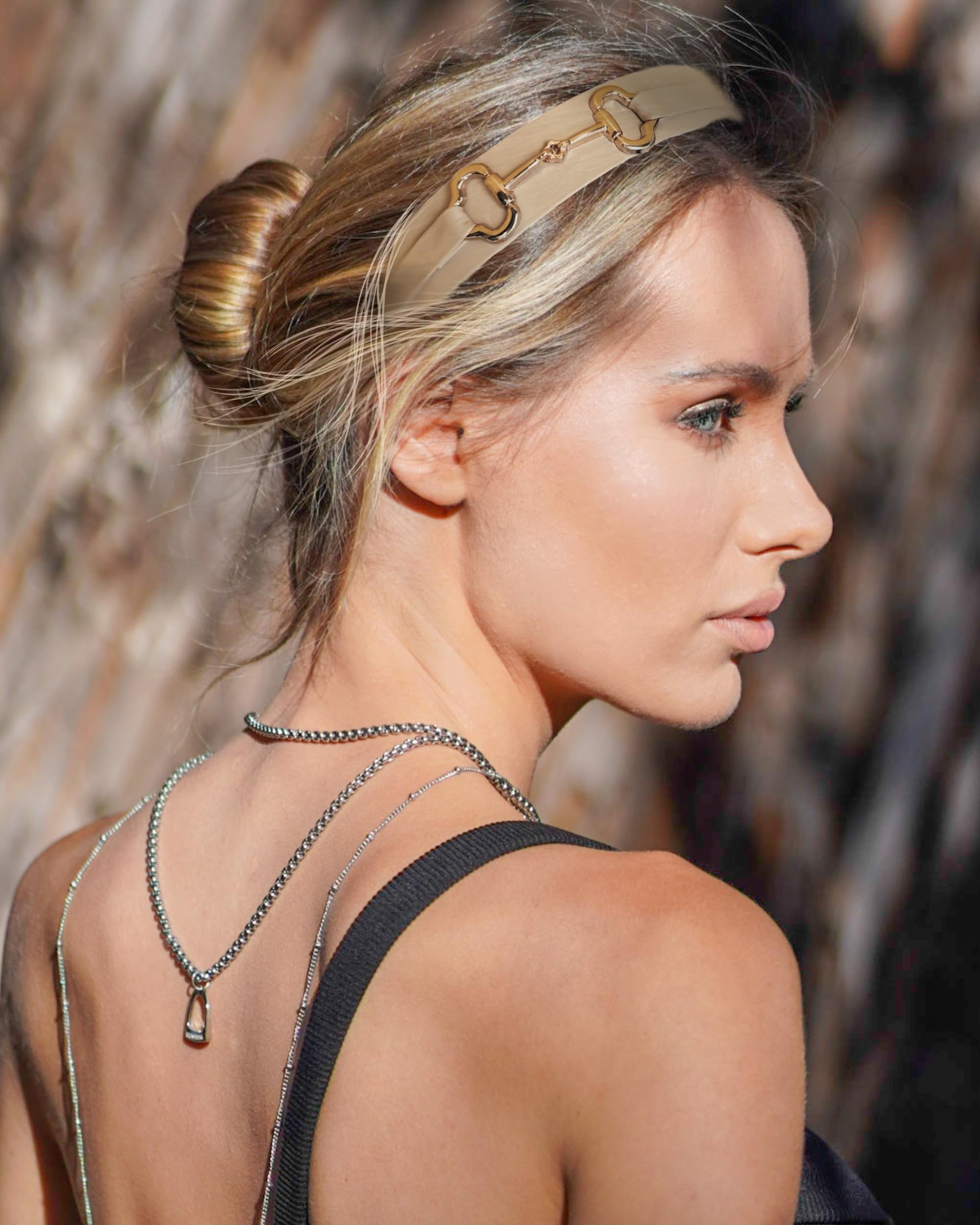 Amazon.com: Beige Blonde Vegan Leather Headband with Gold  display picture 2
