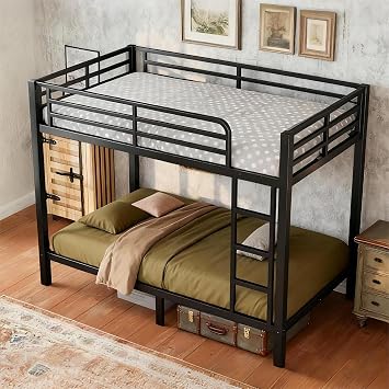 Bellemave Twin Over Twin Bunk Bed with Ladder & Full-Length Guardrails, Metal Heavy Duty Bunk Bed Frame with Sturdy Slats,Twin Bunk Beds for Adults, Teens, Kids, Noise Free, Black
