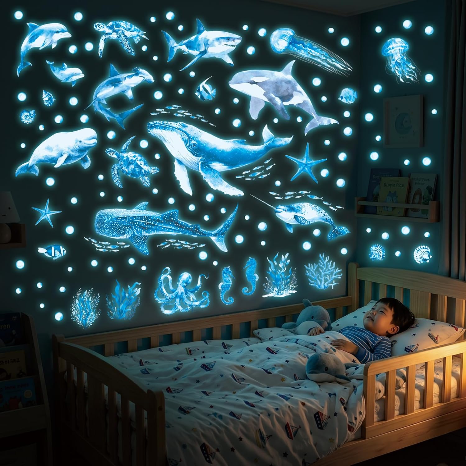 DECOWALL Glow in the Dark Ocean Animals Wall Stickers – Whale, Shark, Dolphin and Octopus Sea Life Glow Wall Decals for Kids Bedroom Nursery Playroom Decor (GDS4-7003)