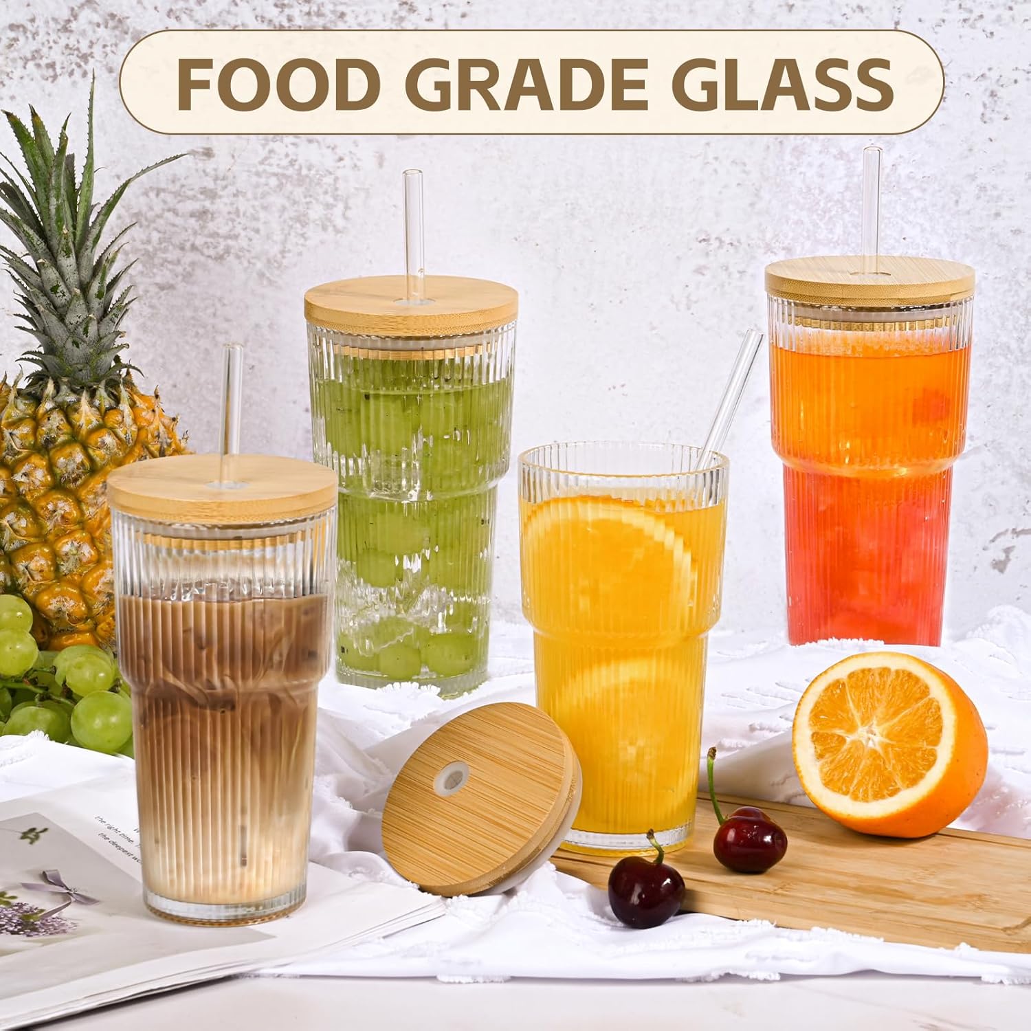 20oz Ribbed Glass Tumblers with Lids and Straws, 2 PCS Iced Coffee Cups,Glass Coffee Cups with Bamboo Lid,Vintage Glassware for Whiskey Cocktail Beer - Image 5