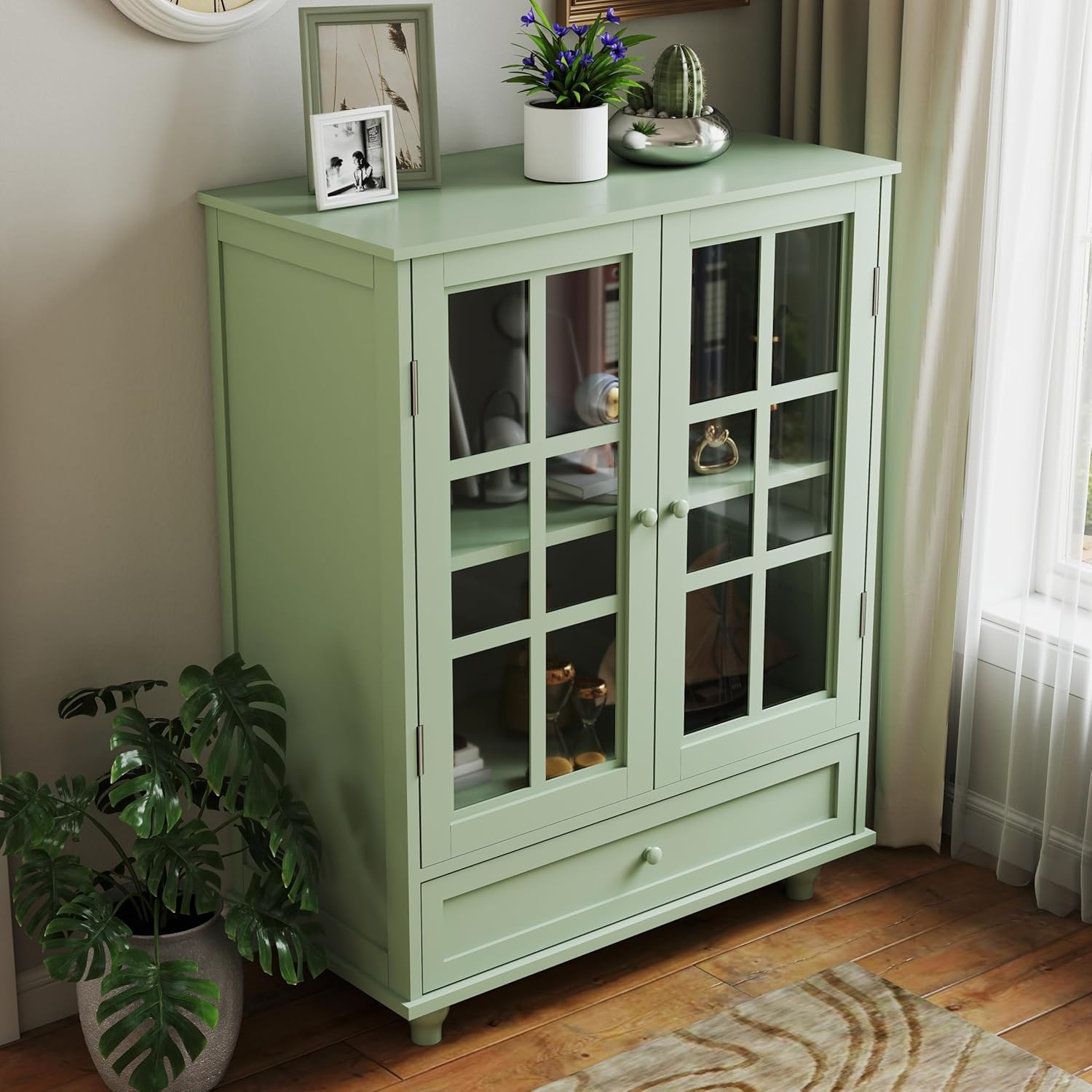 Ball & Cast Buffet Cabinet with Drawers,Glass Door Sideboard Buffet Storage Cabinet w/Adjustable Shelves,Modern Farmhouse Cupboard Wooden Kitchen Table for Living Room,Dining Room,Entryway,Mint Green