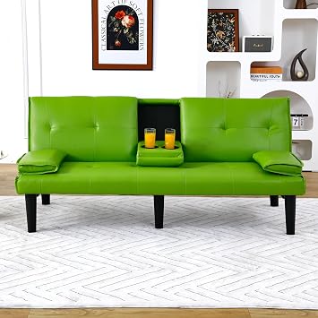 PVC 67-Inch Foldable Sofa Bed with Cup Holder Multi-Functional Convertible Couch for Living Room, Guest Room, Apartment, Dorm, Office 500 lbs Weight Capacity Green