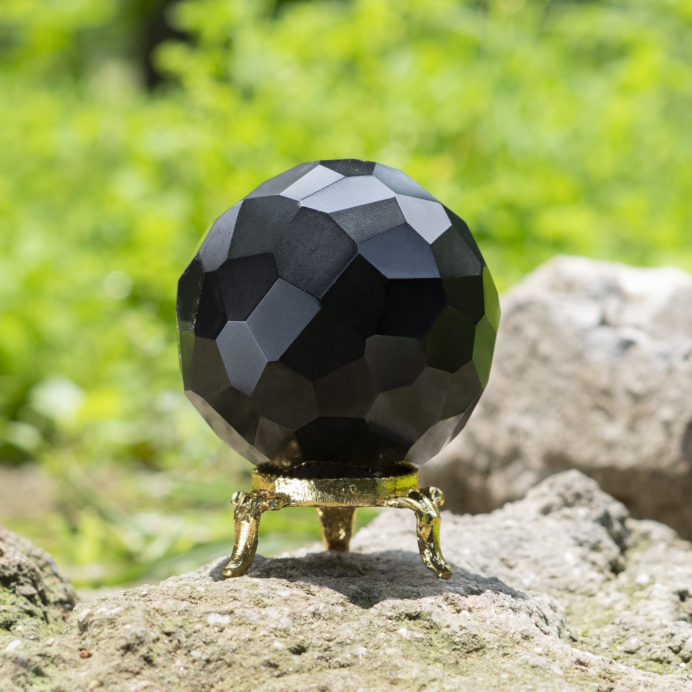ZAICUS Black Tourmaline Diamond Cut Crystal Ball with Metal Stand, 45-55mm, Natural Gemstone for Healing, Chakra Balancing, Home Decor