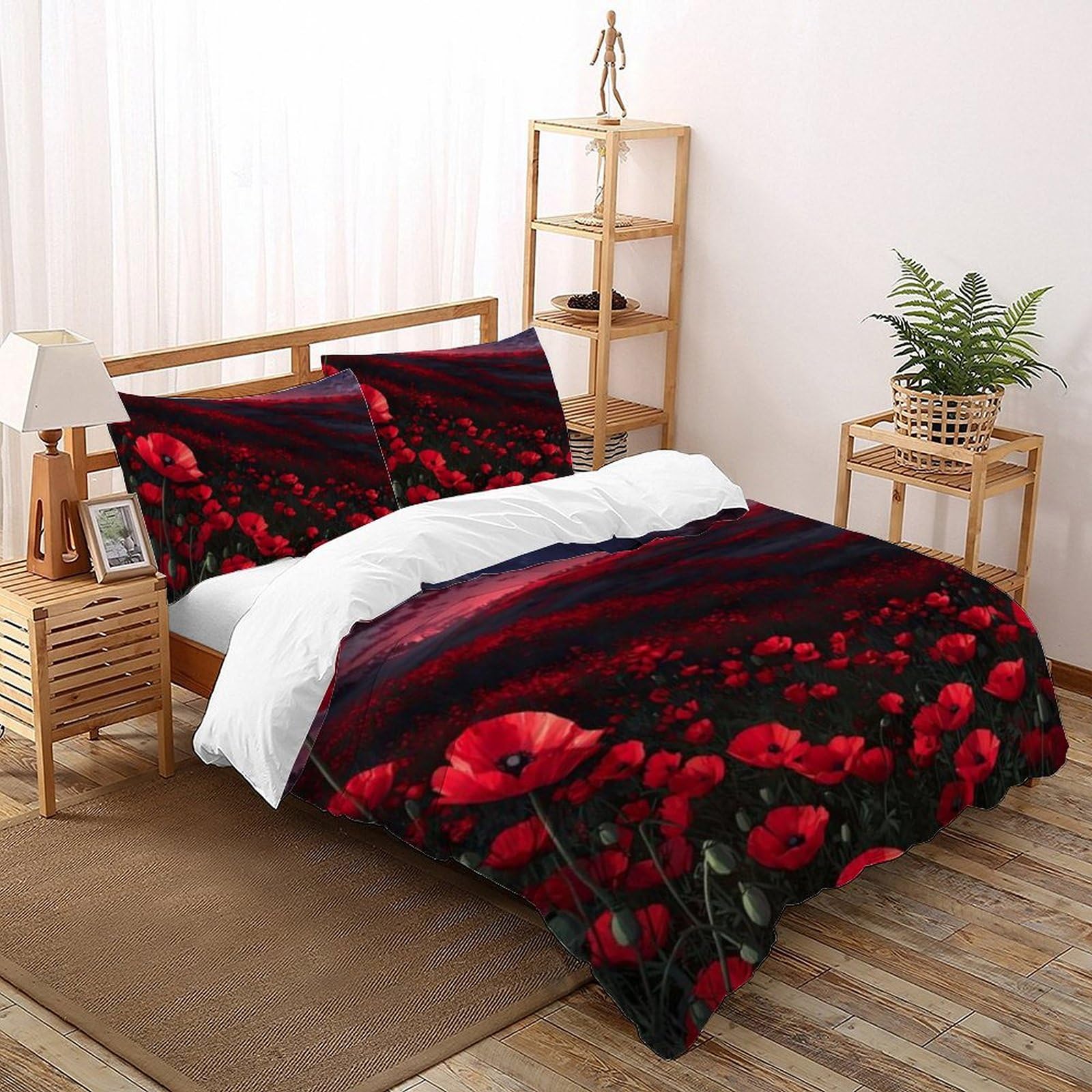 Housse de couette 220x240 la mer des fleurs rouges lit deux personnes microfibre