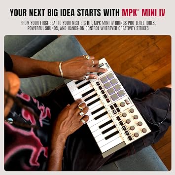 Akai Professional MPK Mini IV USB-C MIDI Keyboard Controller for Beginners and Producers - MPC Drum Pads, 360° Knobs, Pitch and Mod Wheels, Production Software, Native Instruments Sound Package, Grey