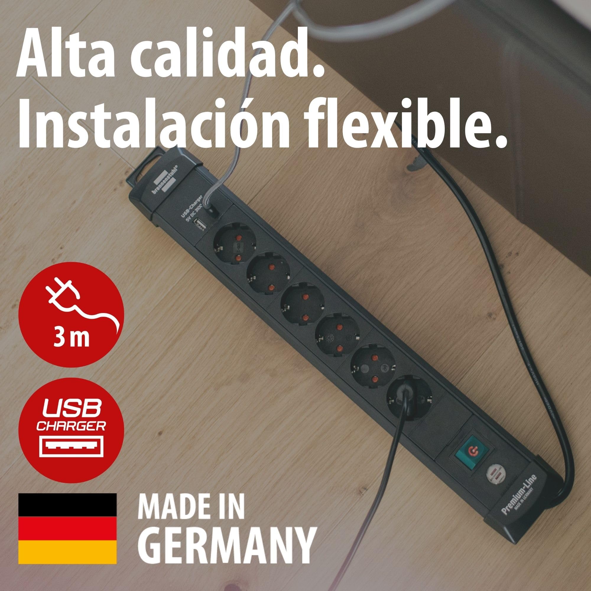 Brennenstuhl Premium-Line regleta de enchufes con 6 Tomas de Corriente y USB (Cable de 3m, Carga USB, Interruptor, montable, Fabricado en Alemania) Negro
