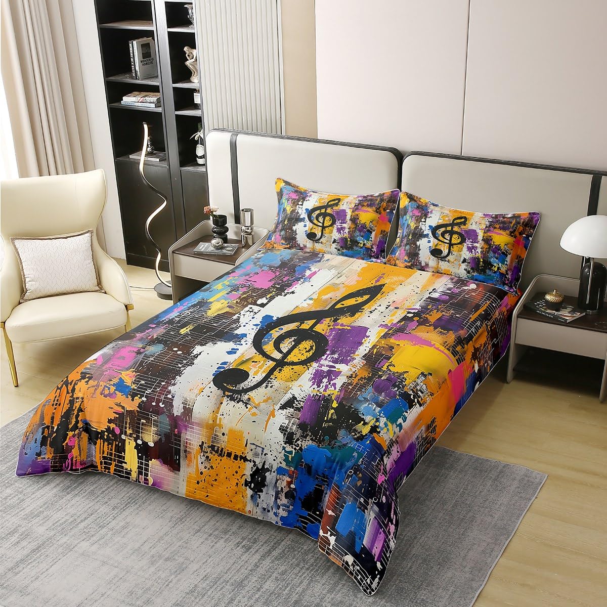 Notas musicales 100 % algodón natural edredón tamaño XL colorido arte callejero graffiti hippie ropa de cama juego de ropa de cama tema musical hip pop música colcha cubierta 3 piezas