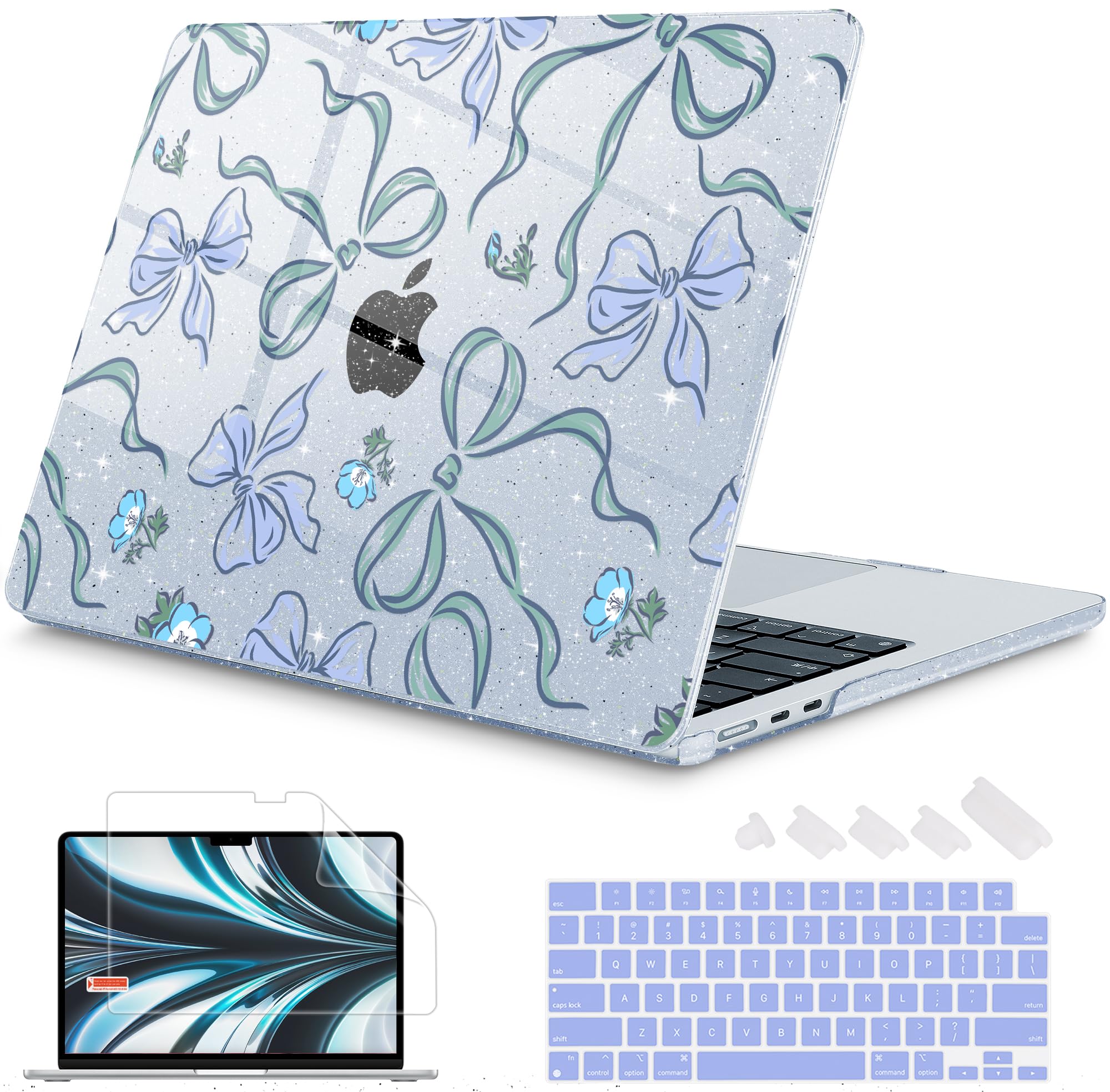 Mektron Case for 2026 MacBook Air 13-inch M5 Laptop A3449 with 13.6-inch Liquid Retina Display, 2025 2024 2022 M4/M3/M2 MacBook Air 13" Hard Shell Cover A3240 A3113 A2681, Bows C355-Glitter Blue