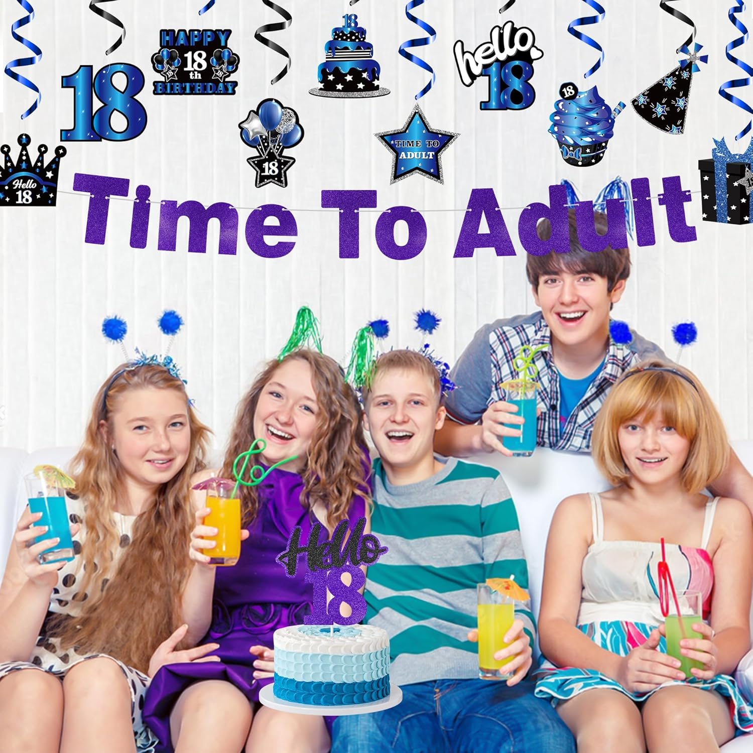 WATINC Happy 18th Birthday Decoration - 42pcs Hello 18 Year Old Bday Party Decor for Boys Girls Him, Time to Adult Blue Black Purple Banner Hanging Garland Swirls Sign Cake Topper Centerpieces Favor