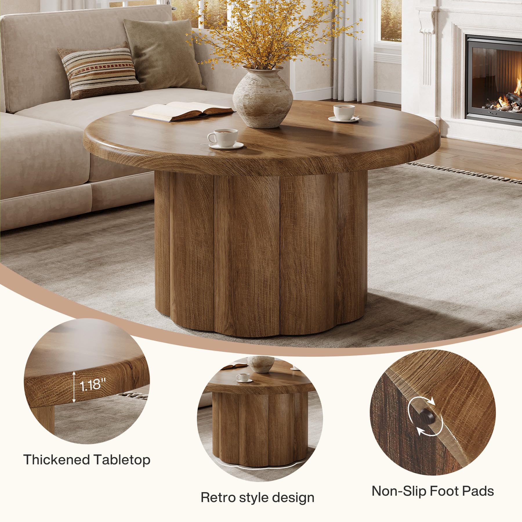 Tribesigns Mesa de centro redonda, 80 cm, mesa redonda de madera, moderno acento de madera, mesa central, sofá, mesa auxiliar para sala de estar, oficina en casa, marrón