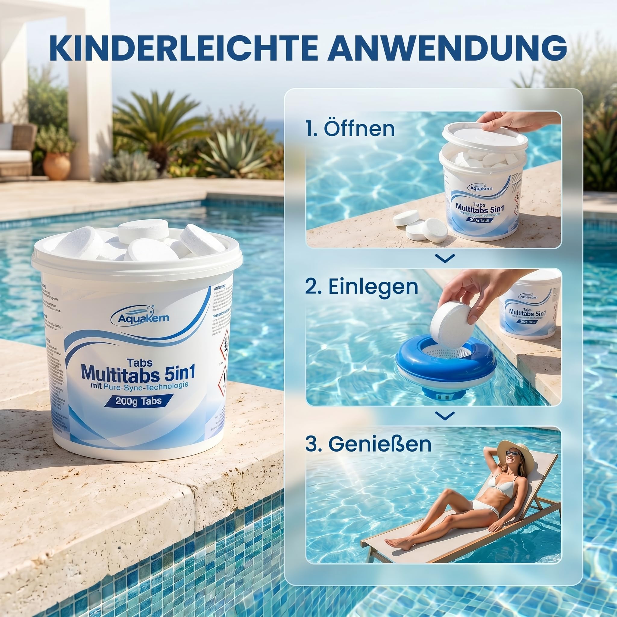 Chlortabletten Multitabs 5in1 Pool 200G 5KG [mit Pure-SYNC] einzeln verpackt | gegen Algen, mit pH-Regulierung, Pooldesinfektion & gegen Kalkablagerungen | Made in Europe