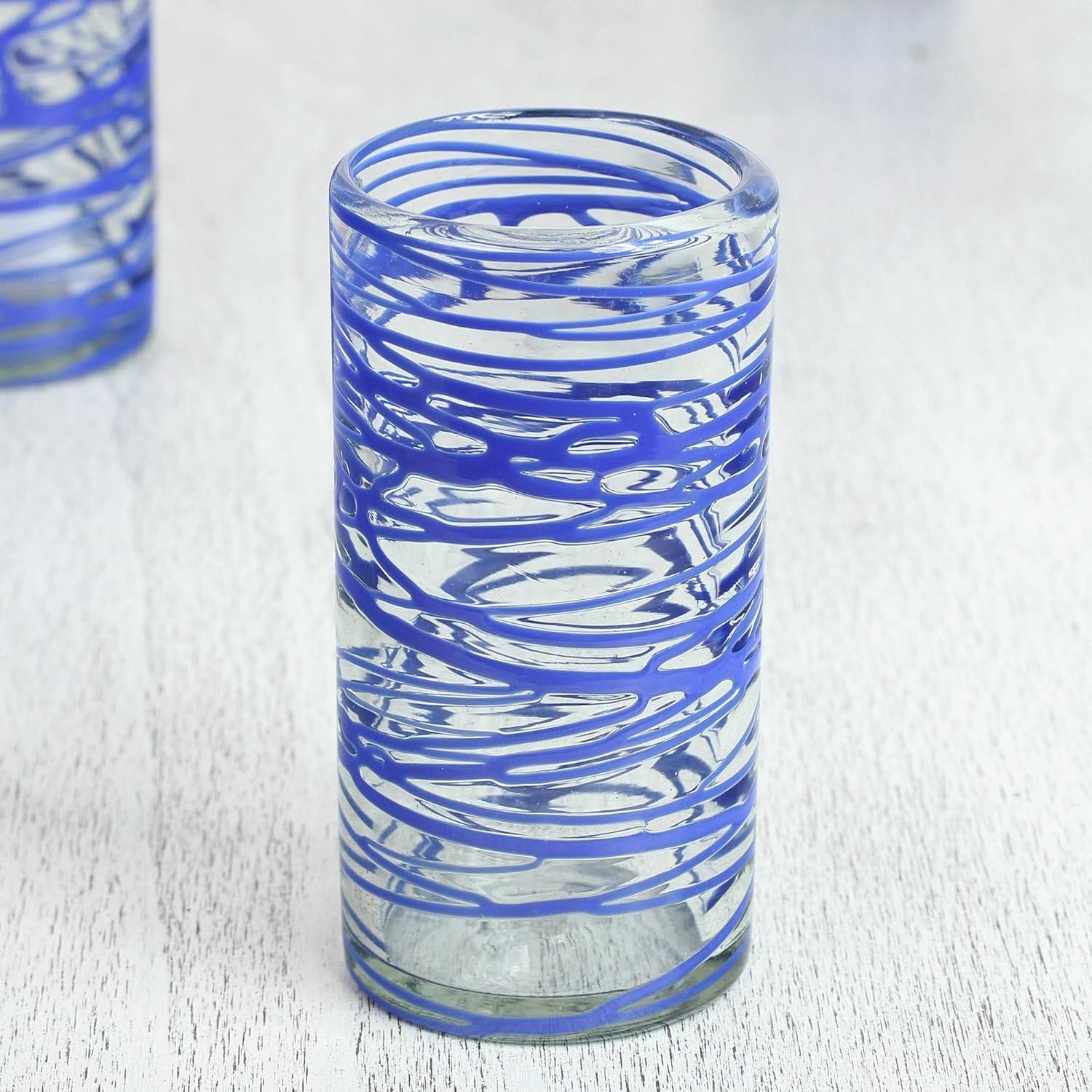 NOVICA Clear Blue Eco-Friendly Blown Glass High Ball Glasses, 11 Oz, 'Sapphire Swirl' (Set Of 6),Blue Clear,TWE0010
