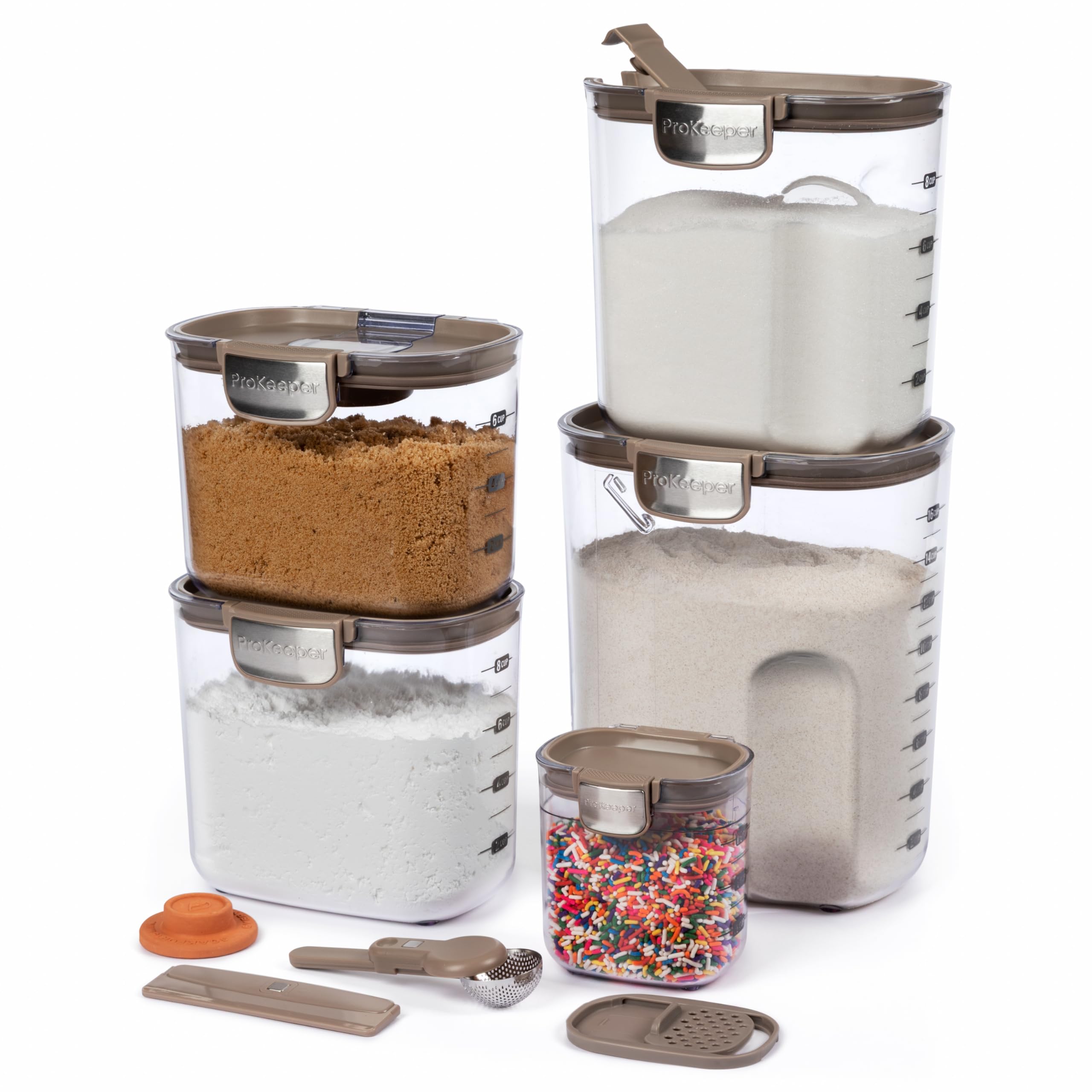 ProKeeper + Hermetic Food Storage Container Set - Clear Plastic Flour and Sugar Container, Set with Magnetic Kitchen Accessories (Taupe, 9 Piece)