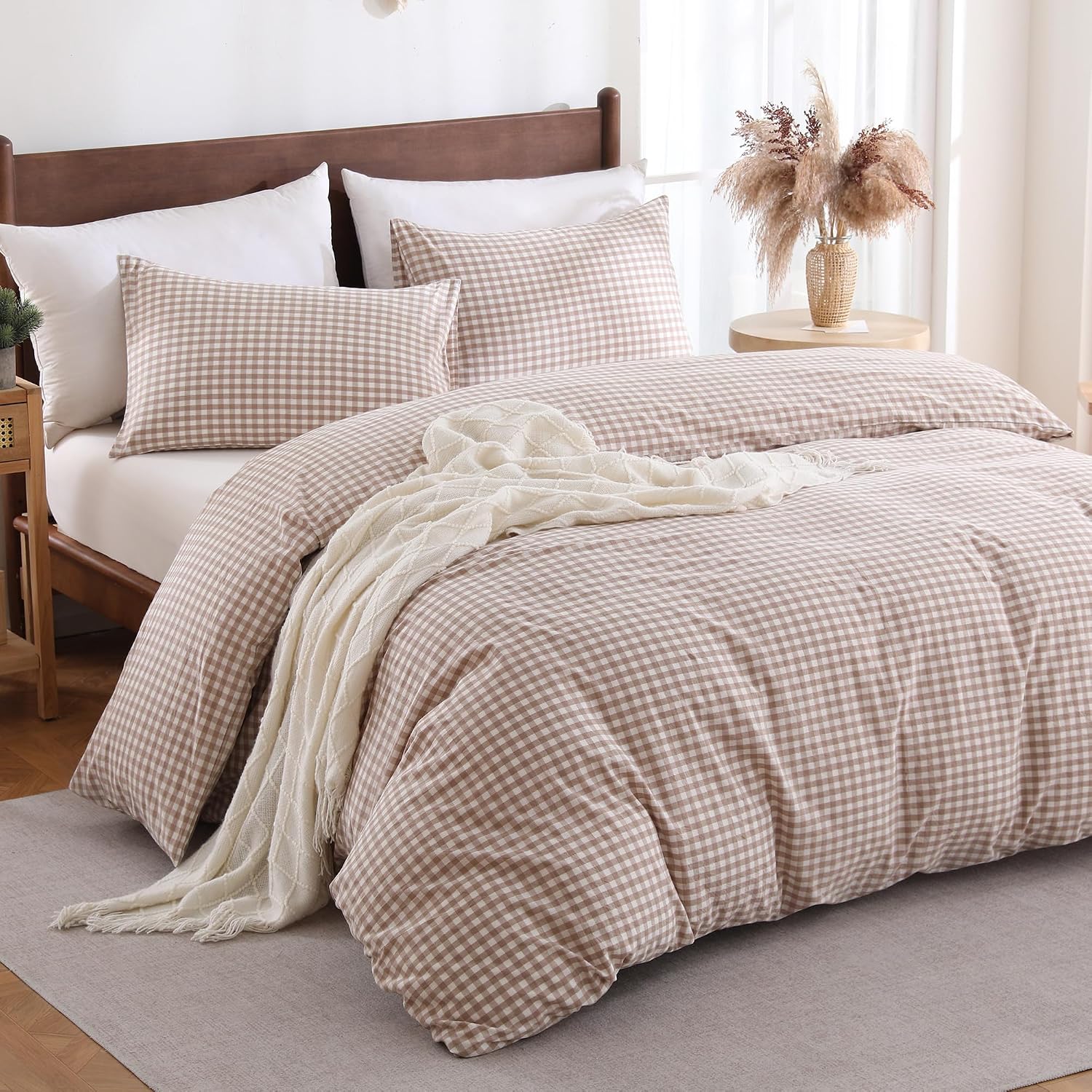 Brown Gingham Duvet Cover Bedding Set 100% Washed Cotton Like Linen Texture Soft Breathable 3 PCs Tan Plaid Checkered Fall Comforter Cover Set Vintage Aesthetic(Queen 90"x90", No Comforter)