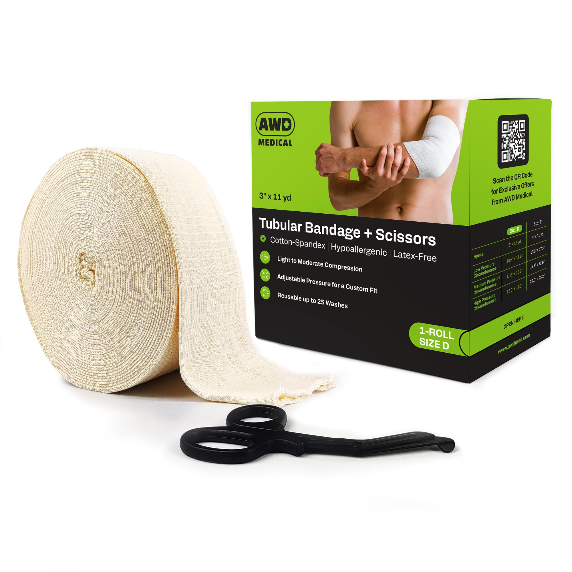 Elasticated Tubular Support Bandage - Reusable Compression Wrap for Joint Pain Relief - Stockinette Tubing for Large Arm/Medium Ankle/Small Knee - Off-White (Size D - 3 inches x 11 Yards) + Scissors