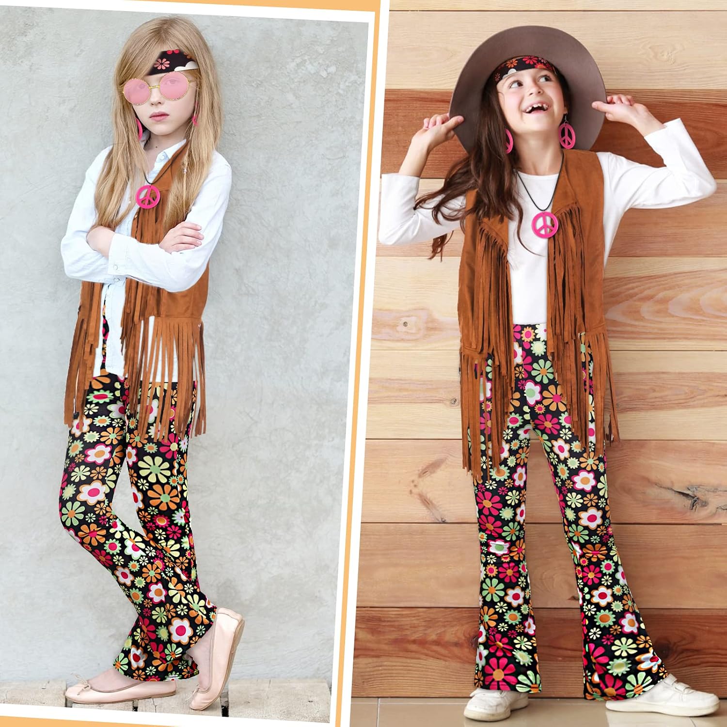 Jenaai 7 Pcs Kids 60s 70s Hippie Outfits for Girls Costume Set Boho Flared Pants Hippie Outfits Accessories Set