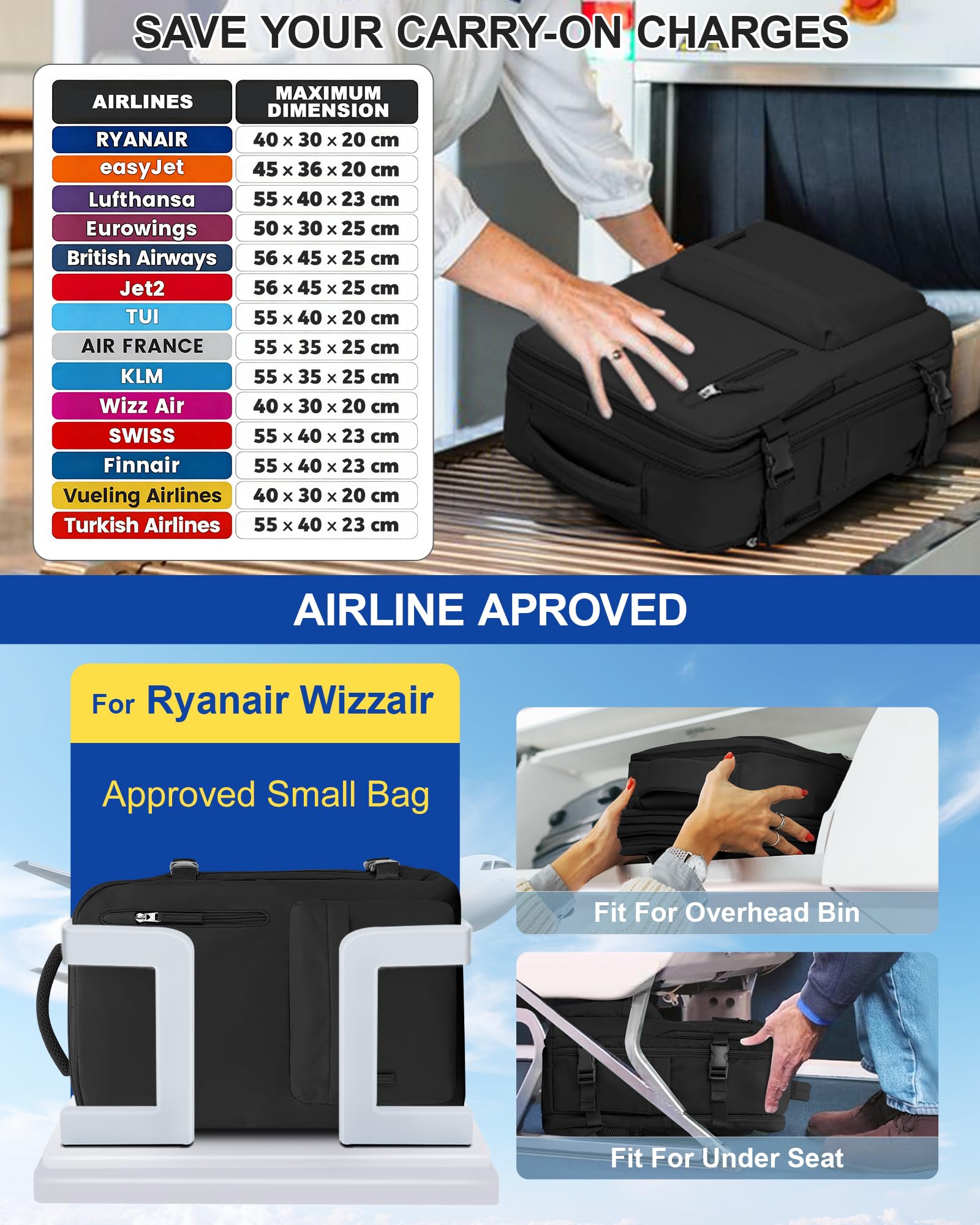 SZLX Zaino Ryanair 40x30x20 Sottovuoto Bagaglio a Mano 40x20x25 Donna Zaino da Viaggio 40x30x20 Wizzair Borse da Cabina per Easyjet 45x36x20 Uomo per Laptop 14 Pollici con Porta USB e Porta Scarpe