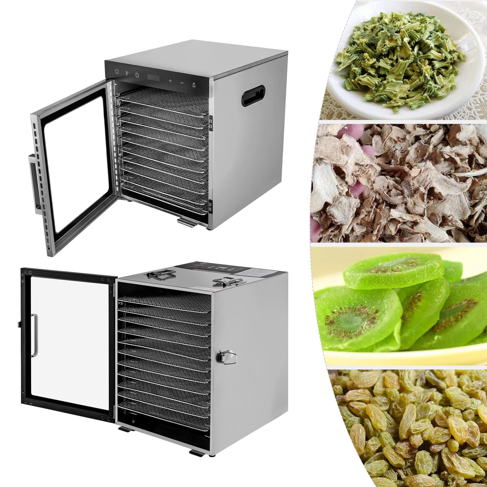 Suszarka do żywności, stal nierdzewna, 800 W, 10 warstw, cyfrowa regulacja temperatury 30-90°C, z timerem 24 h, elektryczna maszyna do suszenia mięsa i owoców, warzyw, ziół, mięsa