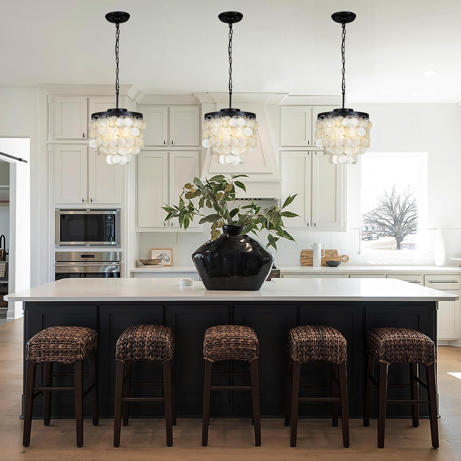 ALOADECOR 3-Light Coastal Natural Capiz Seashells Chandelier in Matte Black Finish Tiers Shells Farmhouse Pendant Lighting for Living Room Dining Room Bedroom W13.7 inches