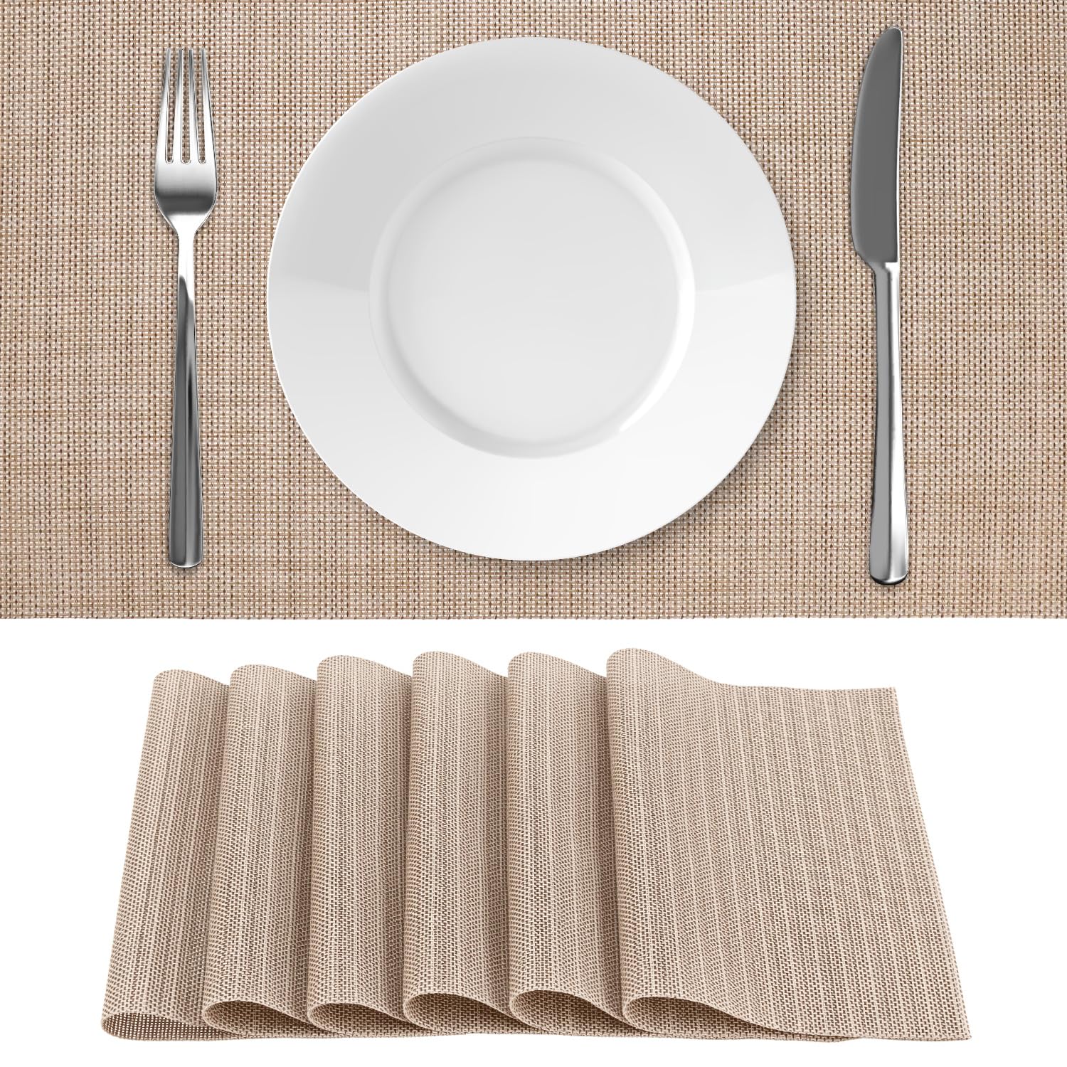 QWORK® Set of 6 Woven Table Mats 18"X12", Heat Insulation Placemats, Washable & Non-slip - Linen