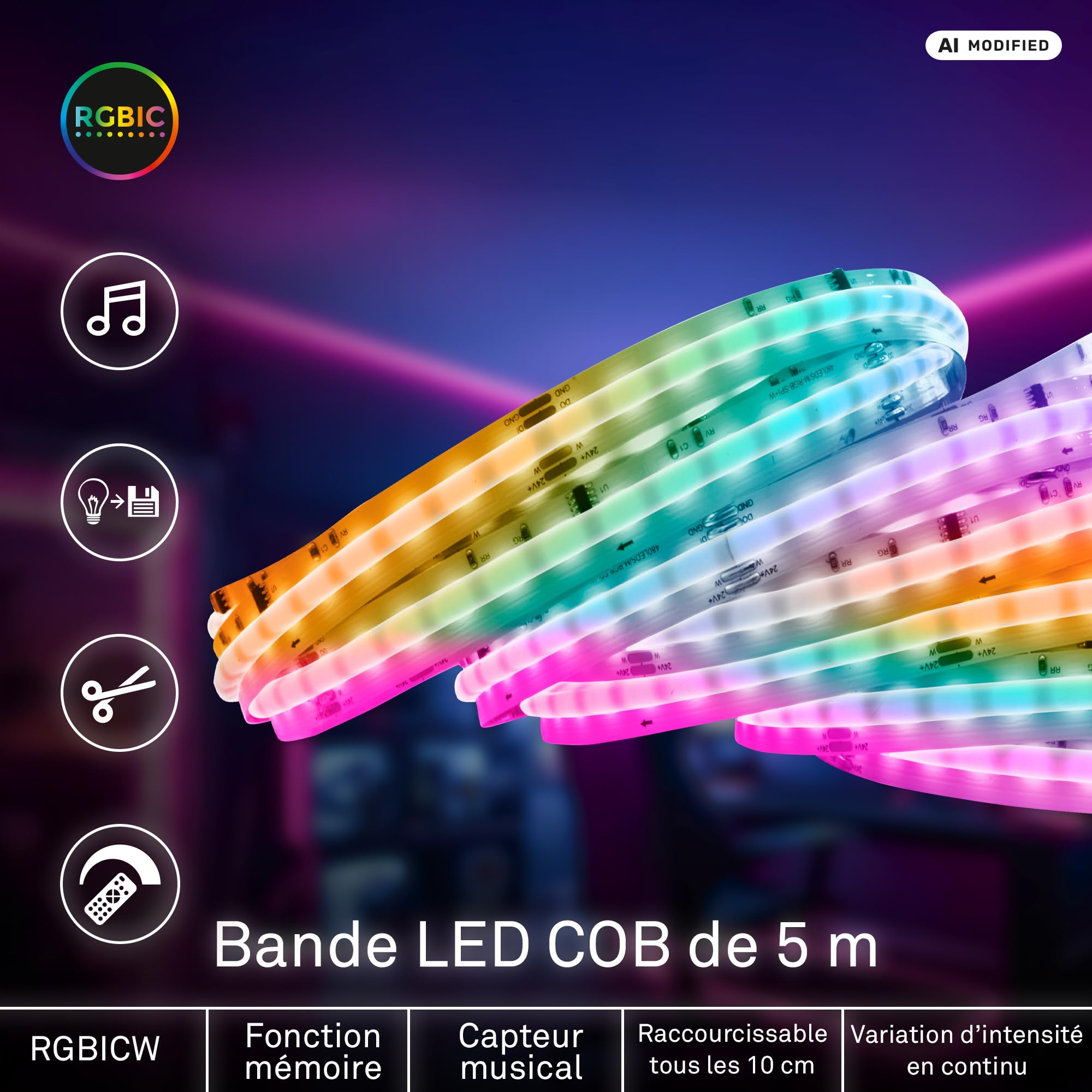 Briloner - Ruban LED COB 5m Télécommande Dimmable RGBIC Blanc Chaud Blanc