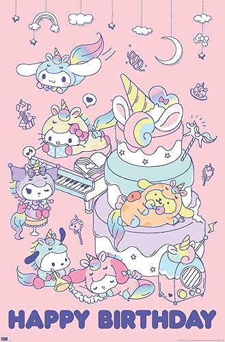 Trends International Hello Kitty and Friends 22 Unicorn Party - Póster de pared de feliz cumpleaños, 34 pulgadas de largo x 22.4 W, versión premium