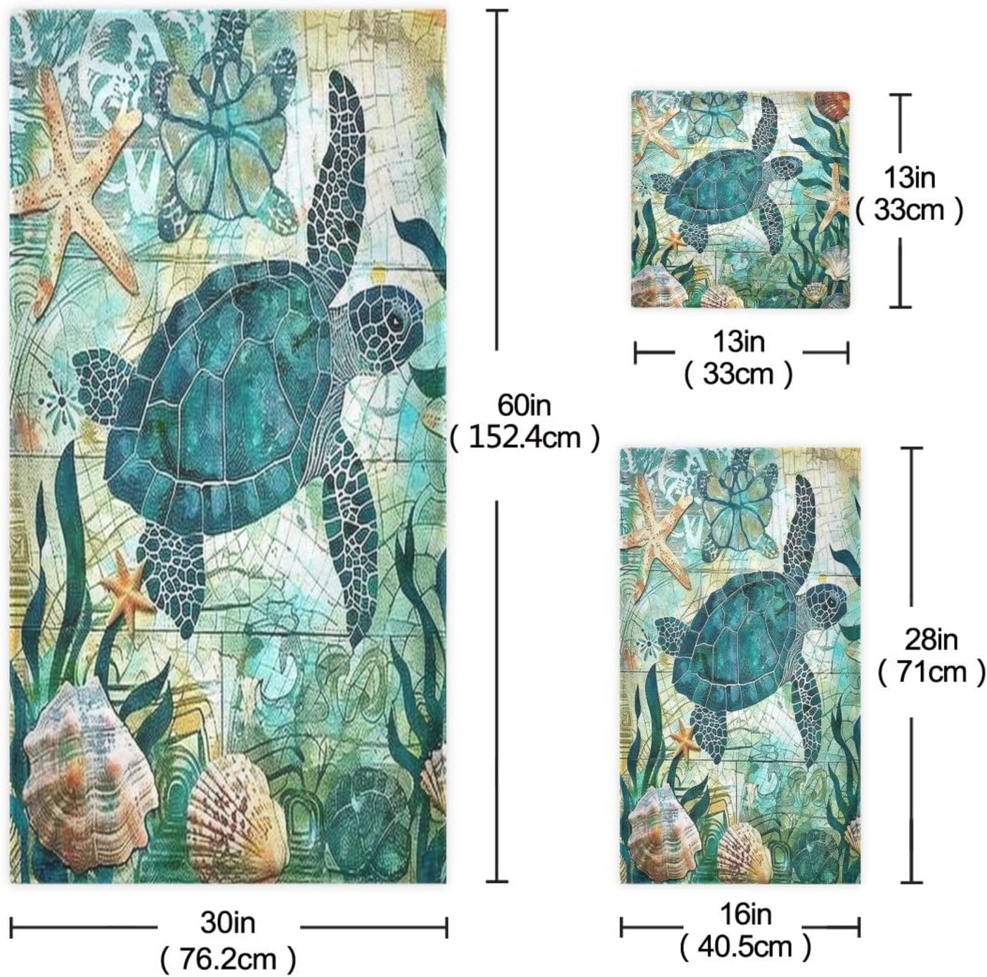 Vdsrup Vintage Ocean Turtle Towels Set of 3 Sea Starfish World Map Hand Towel Bath Towel Washcloth Soft Thin Face Guest Towel Kitchen Tea Dish Towels Bathroom Decorations Housewarming Gifts