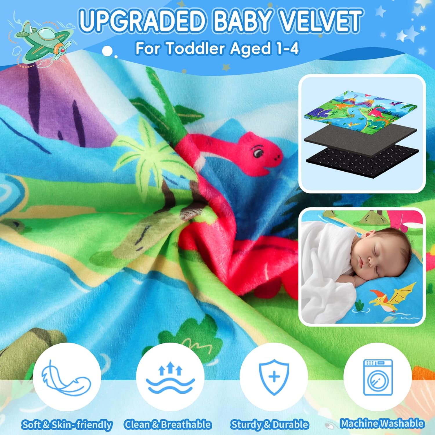 Toddler Airplane Bed, Portable Kids Travel Essentials, Soft Airplane Seat Extender for Kids 1-4, Foot Rest for Flights (Dinosaur)