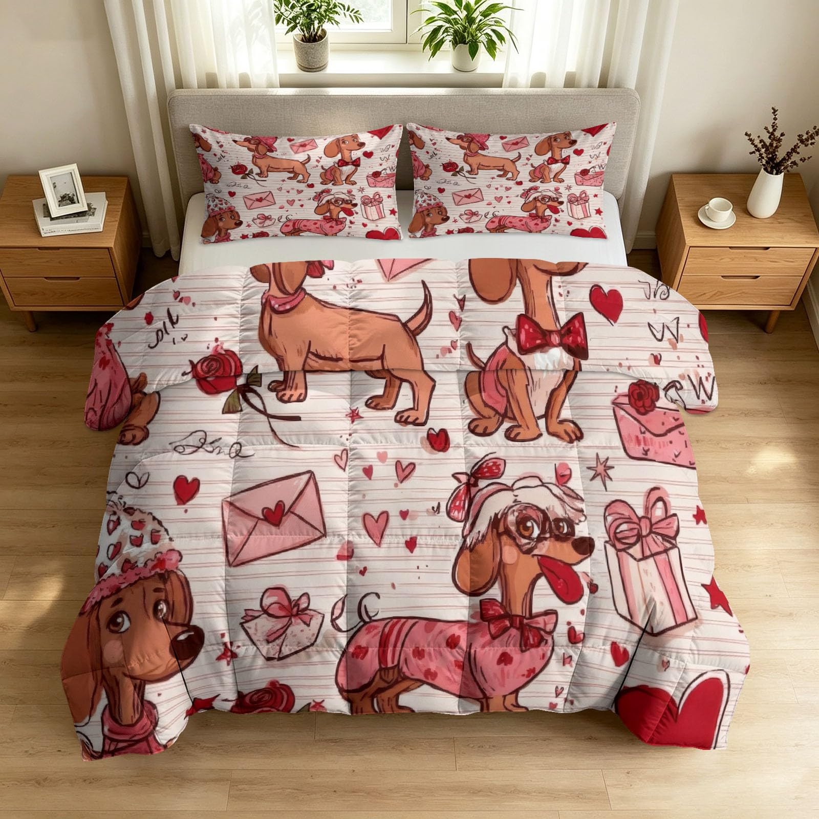 Edredón de 135x200 cm reversible blanco con diseño de perros salchicha