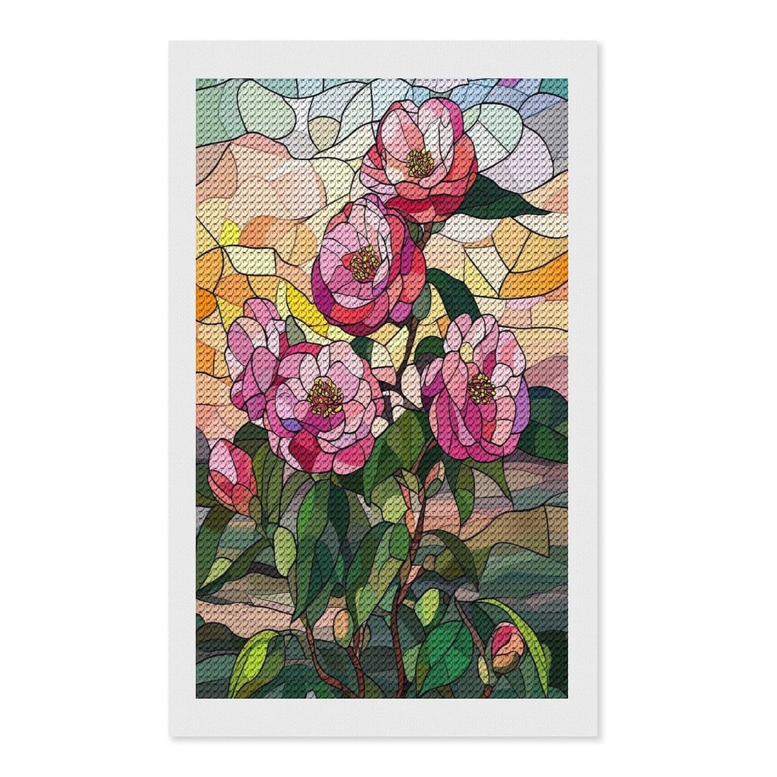 Junmoney Stained Glass Camellia Flowers Diamond Art Kit 12"x20", Relaxing DIY Hobby, Satisfying Creative Project, Living Room Decor, for Women