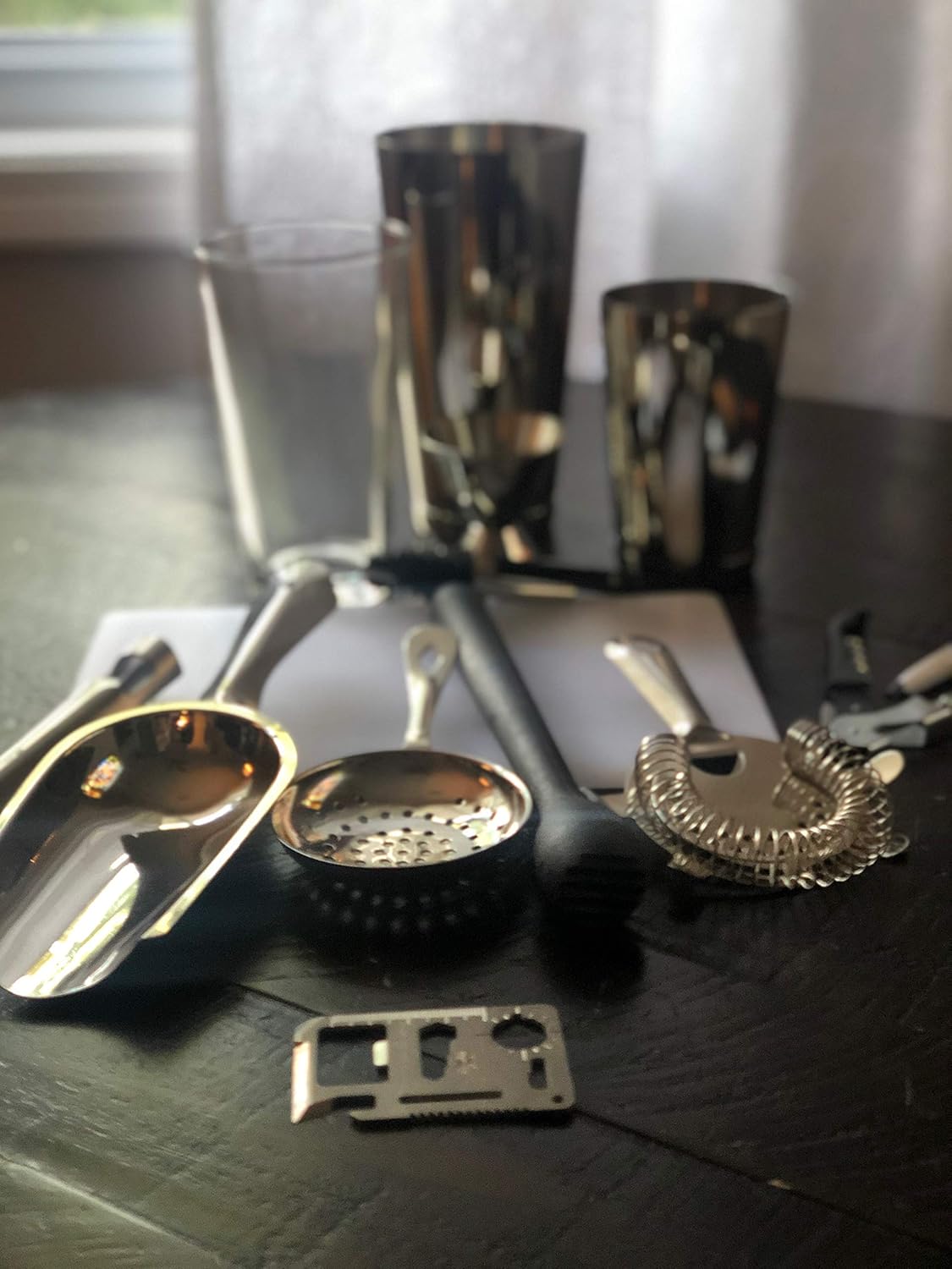 Mixologist Bartender Kit with Muddler Mixing Spoon Pour Spouts Jigger Wallet Tool Strainer Cutting Board Wine Key