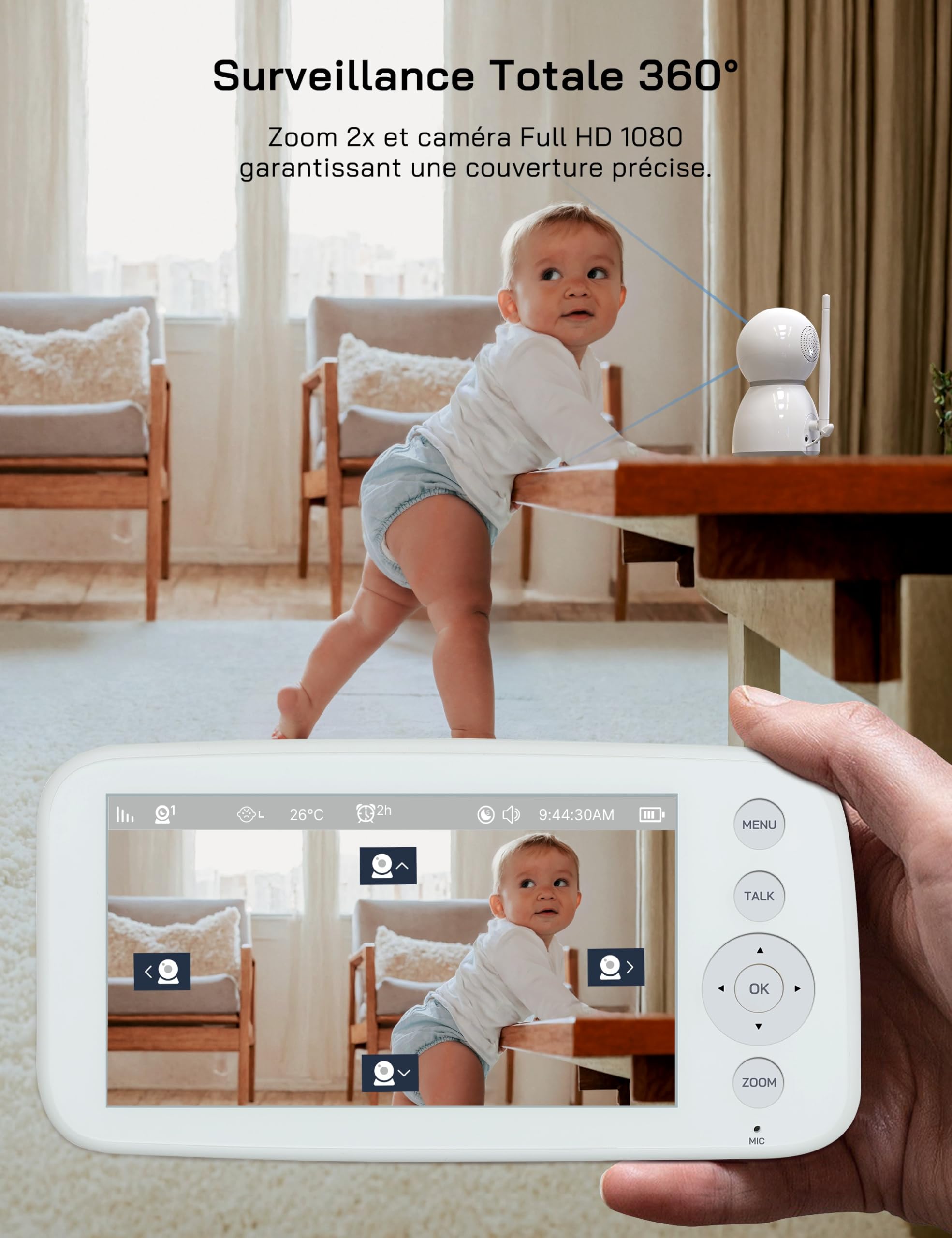 WOLFANG 1080P Babyphone Camera, Écran 5 pouces 720P, Camera Bebe Surveillance avec Rotation et Zoom à 360°, Pas de WiFi, Vision Nocturne, Conversation Bidirectionnelle, Température, Détection des Cris