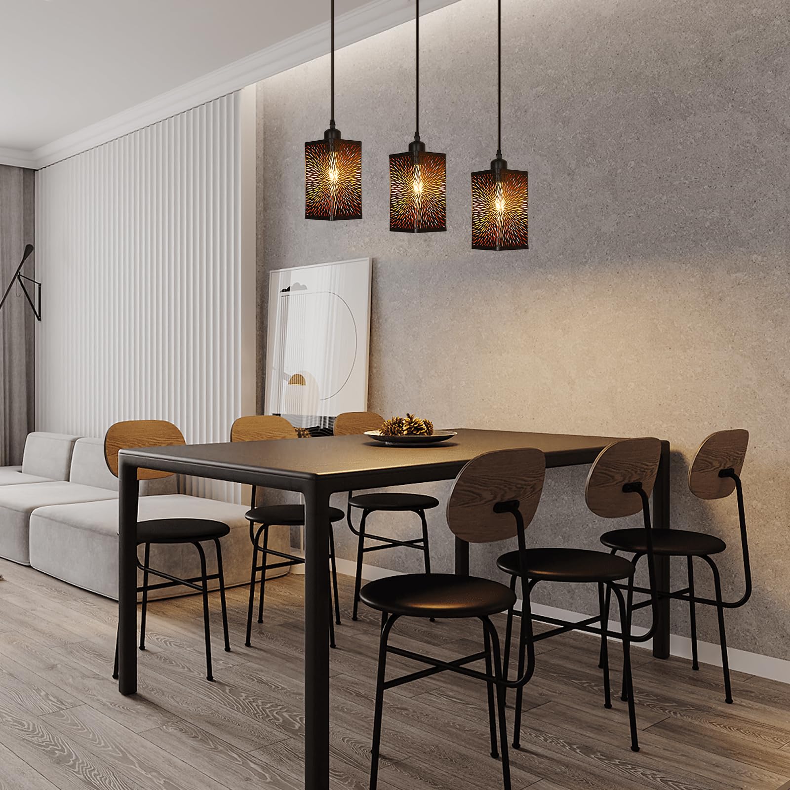 Goeco 3 Lustre Suspension Industrielle Design 3 Lampes, Luminaire Plafonnier Forme Feux d'artifice en Fer, E27 Lampe de Plafond Noir pour Salon Chambre Cuisine