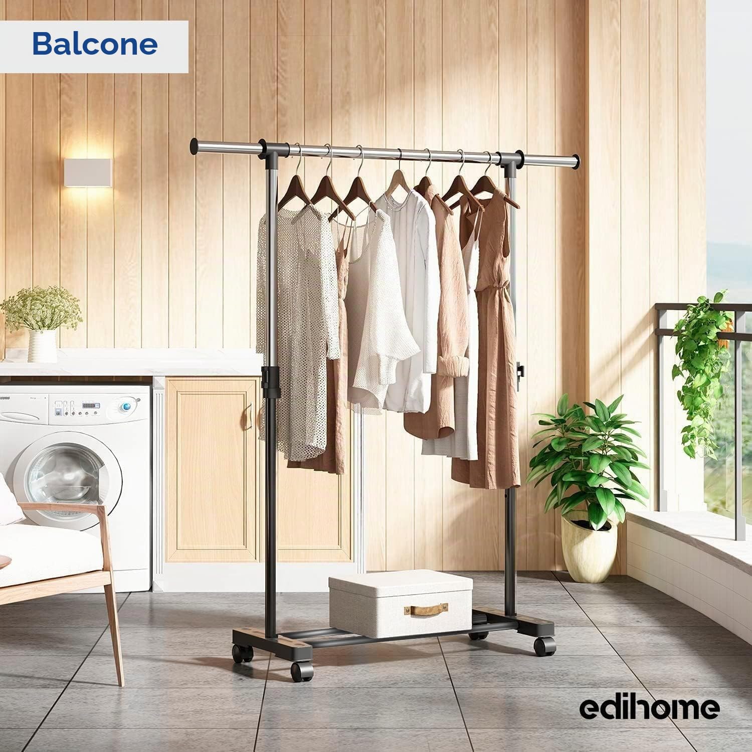 edihome, Stand Appendiabiti, Appendiabiti da Terra, 43x160x150 cm, Vestitore, Appendiabiti da Terra, Acciaio Zincato, Resistente, Appendiabiti con Ruote, per Appendere gli Abiti