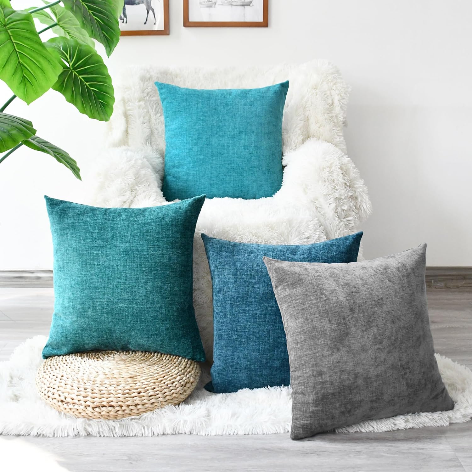 CaliTime Throw Pillow Covers Set of 4 Modern Multi-Color Matching Cozy Soft Chenille Cushion Cases Shells for Couch Sofa Home Decor 18 X 18 Inches Teal Ocean Blue Lake Blue Grey