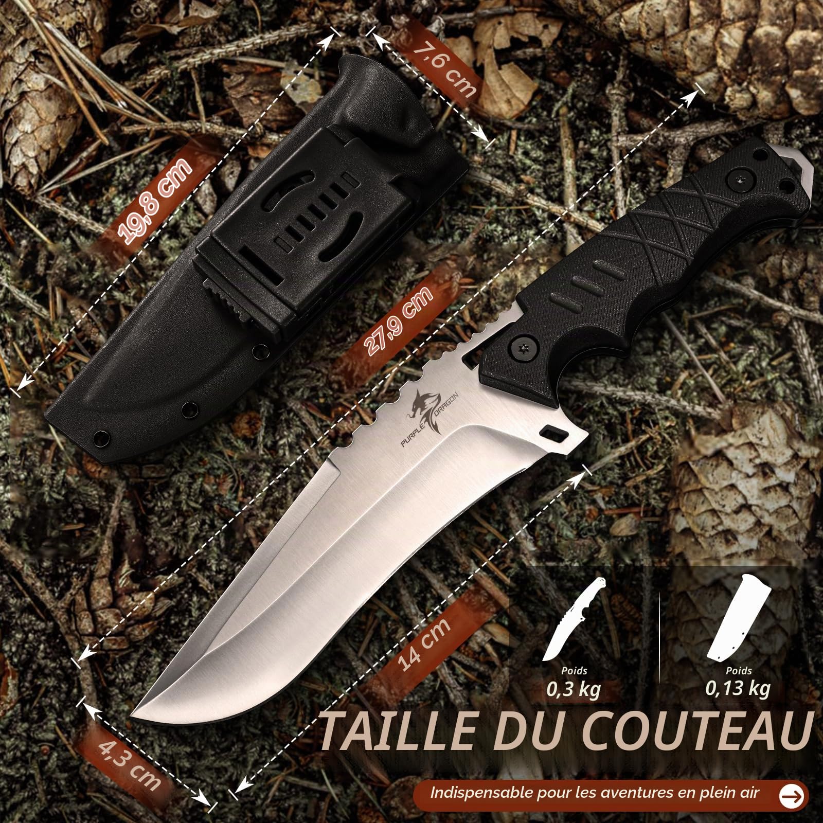 Purple Dragon Couteau Survie D2 Pleine Soie G10, Étui Kydex Camping Noir