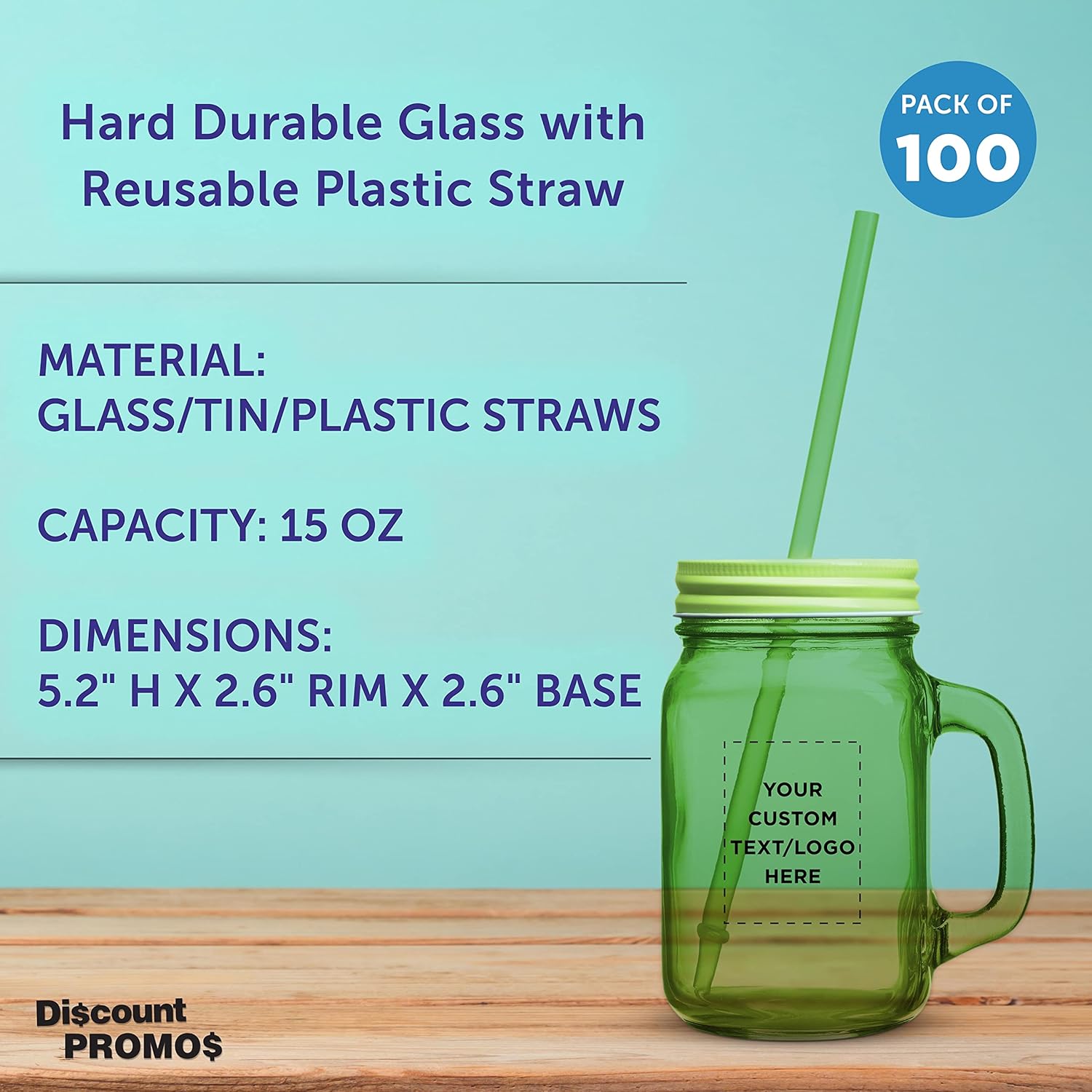 DISCOUNT PROMOS 15 oz. Colored Mason Jars with Straw - 100 pack - Customizable Text, Logo - Green