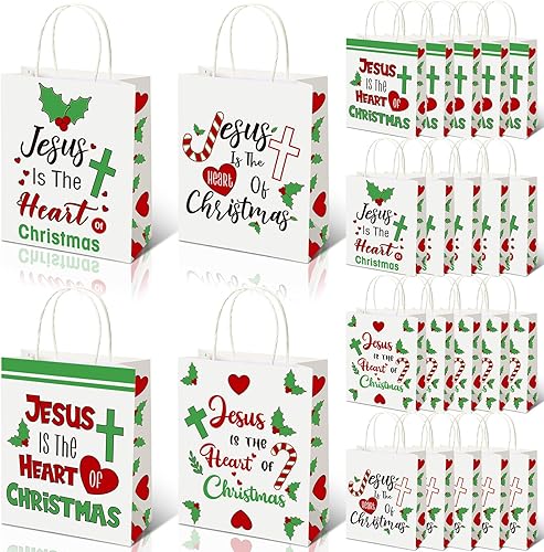 Zhanmai 24 bolsas de regalo de Navidad con asas a granel, cristiano Jesús es el corazón de Navidad, bolsas con corazón, hoja de flor de pascua,
