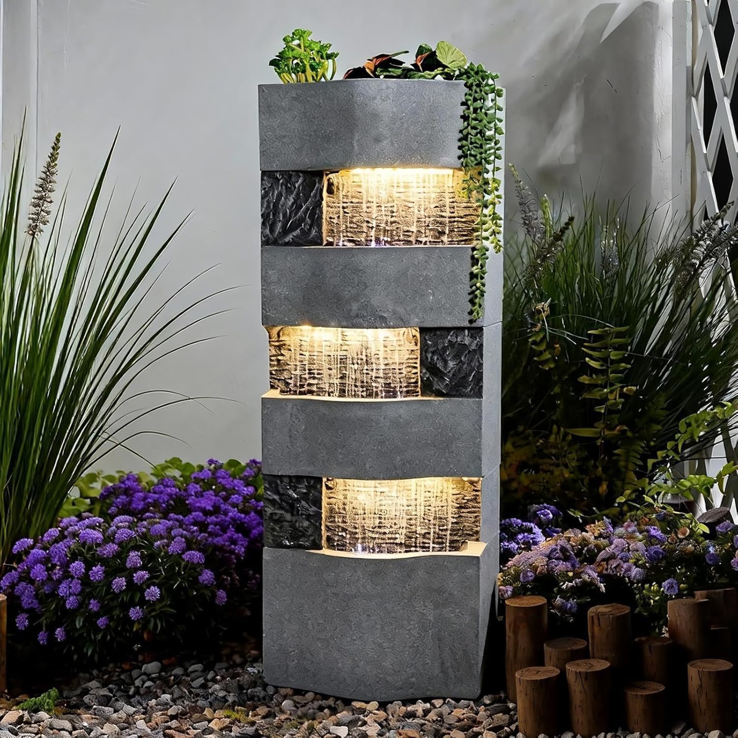 Sunlinua 3-stufiger Regenvorhang-Springbrunnen mit LED-Beleuchtung – moderner freistehender Brunnen für Garten, Terrasse, Balkon oder Eingangsbereich, 36.5×22×103 cm | Grau