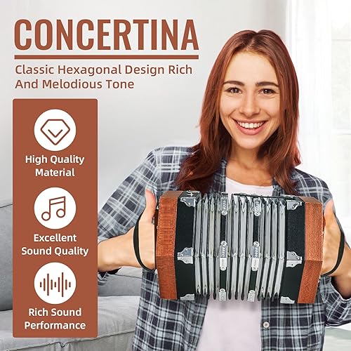 Miniatura 29 de Acordeón de 20 botones para adultos, acordeón profesional para principiantes, correa de mano ajustable, accesorios de instrumentos musicales con Rojo