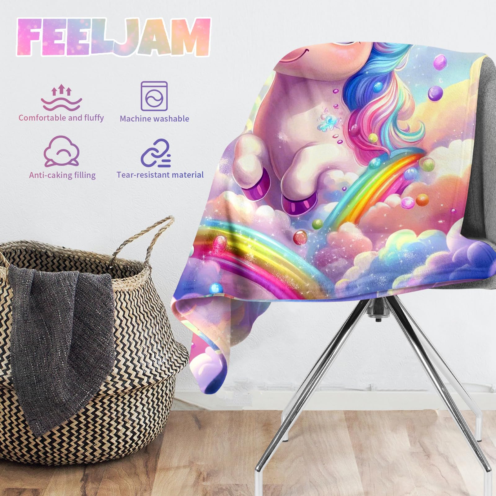 Einhorn Decke Kinder Kuscheldecke für Mädchen, Flanell Kinderdecke, Sofadecke, Kuscheldecke Einhorn mit Bunte Wolken, 150 * 200cm
