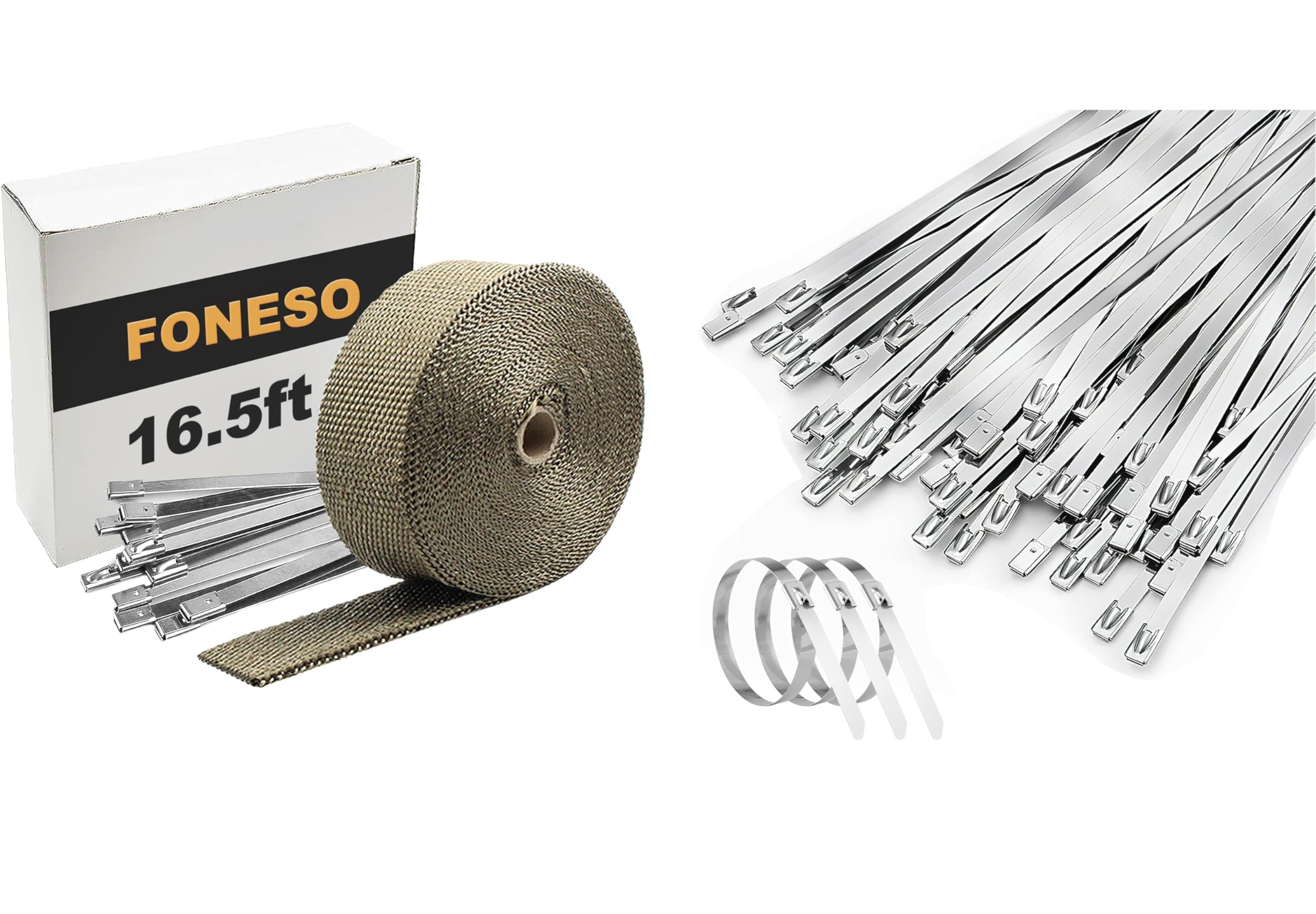 Titanium Exhaust Heat Wrap, Foneso 2'' x 16.5' Exhaust Header Wrap Tape Fiberglass Heat Shield Tape with 100pcs 11.8in Stainless Steel Ties for Motorcycle Car Truck