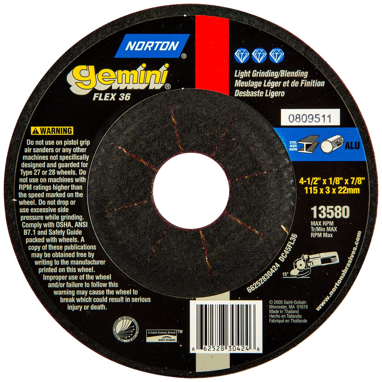 Norton 66252830424 4-1/2x1/8x7/8 in. Gemini Flexible AO Grinding Wheels, Type 27, 36 Grit, 20 Pack