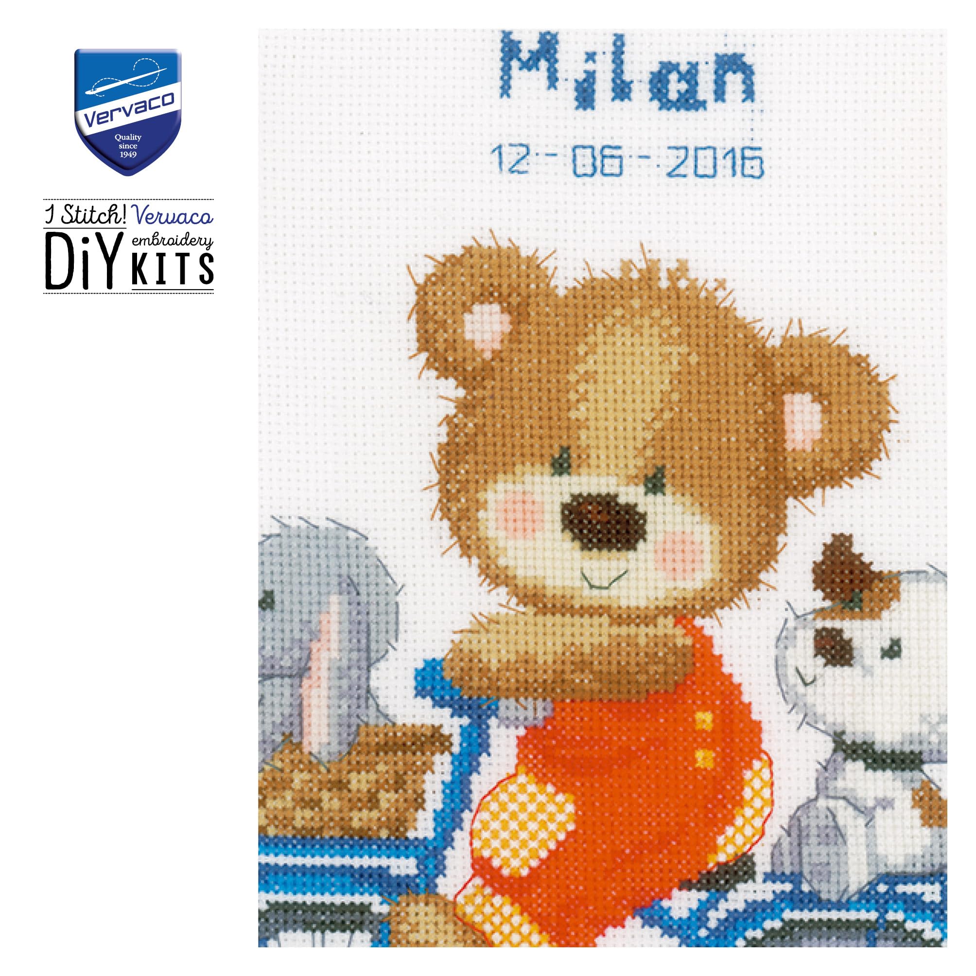 Kit Point De Croix Compté Vervaco "Un Ours Douce" - Cadeau Naissance, Tableau Complet, Environ 20x22 Cm