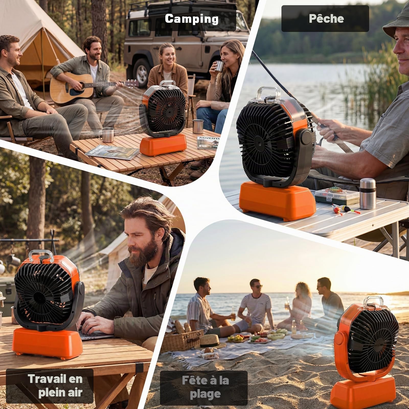 Lolleys Ventilateur Brumisateur de Camping 20000mAh, Ventilateur Portable Rechargeable avec Télécommande, Double Moteur, Crochet 360°, Vitesse Variable pour Extérieur Pêche Camping-car Plage, Orange