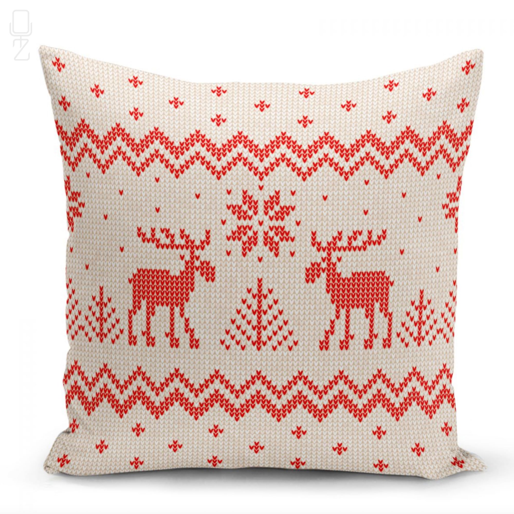 OyzShop Ivory Christmas Cushion Cover with Red Reindeers Hand Knitted Themed, Double Sided with Multi-Sizes, OEKO-TEX, 55x55cm (22x22 Inch), Option 2 (1 Piece)