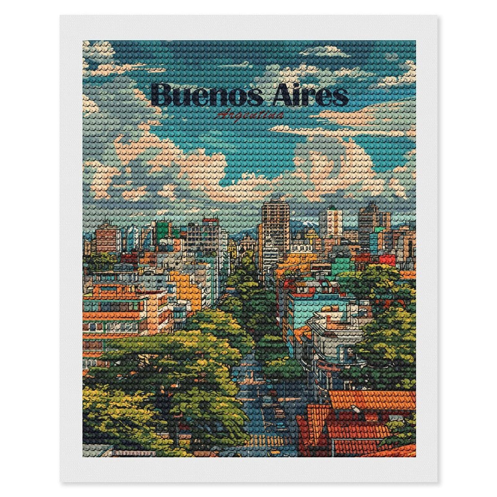 Junmoney Buenos Aires Argentina Cityscape Illustration Diamond Painting Canvas Set 16"x20", for Adults, Sparkling Round Gems, Thoughtful Handmade Gift, Modern Decor